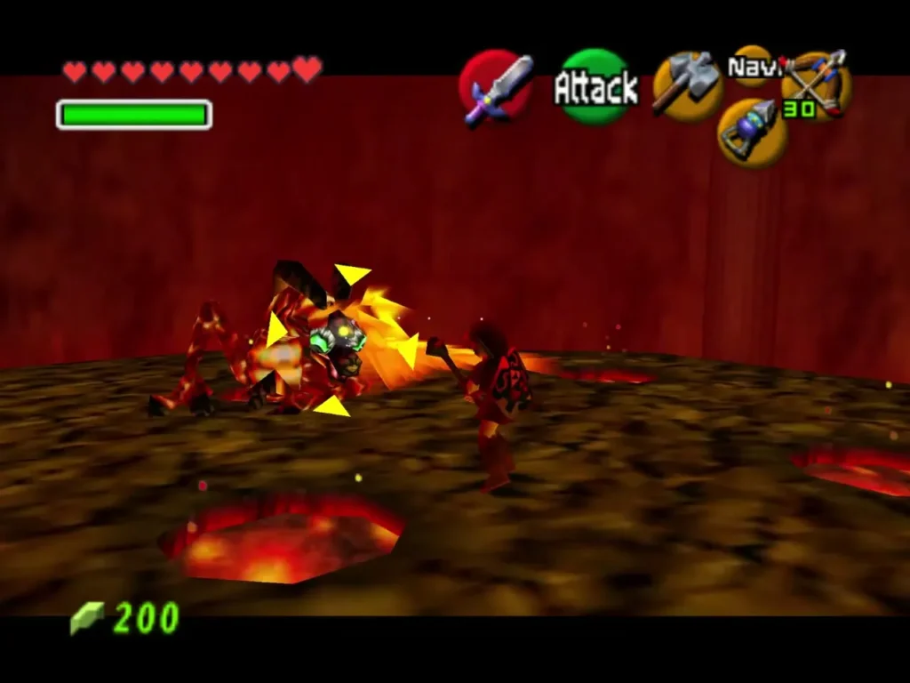 Link striking Volvagia head with the Megaton Hammer, sparks flying