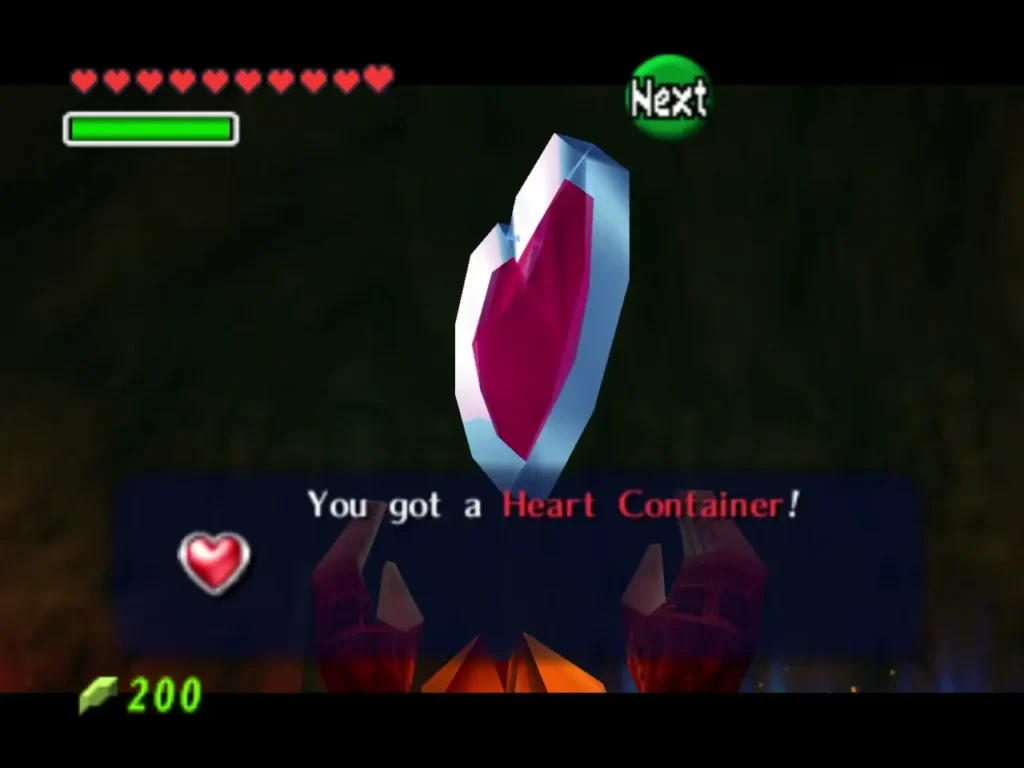 A Heart Container floating in the air with the You got a Heart Container message box