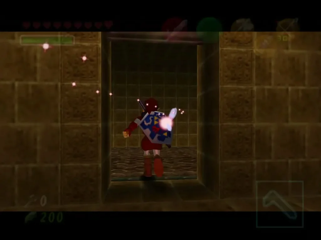 Link stepping through a newly opened doorway in a stone wall