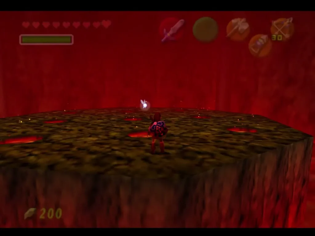 Link standing on the round lava arena pocked with holes