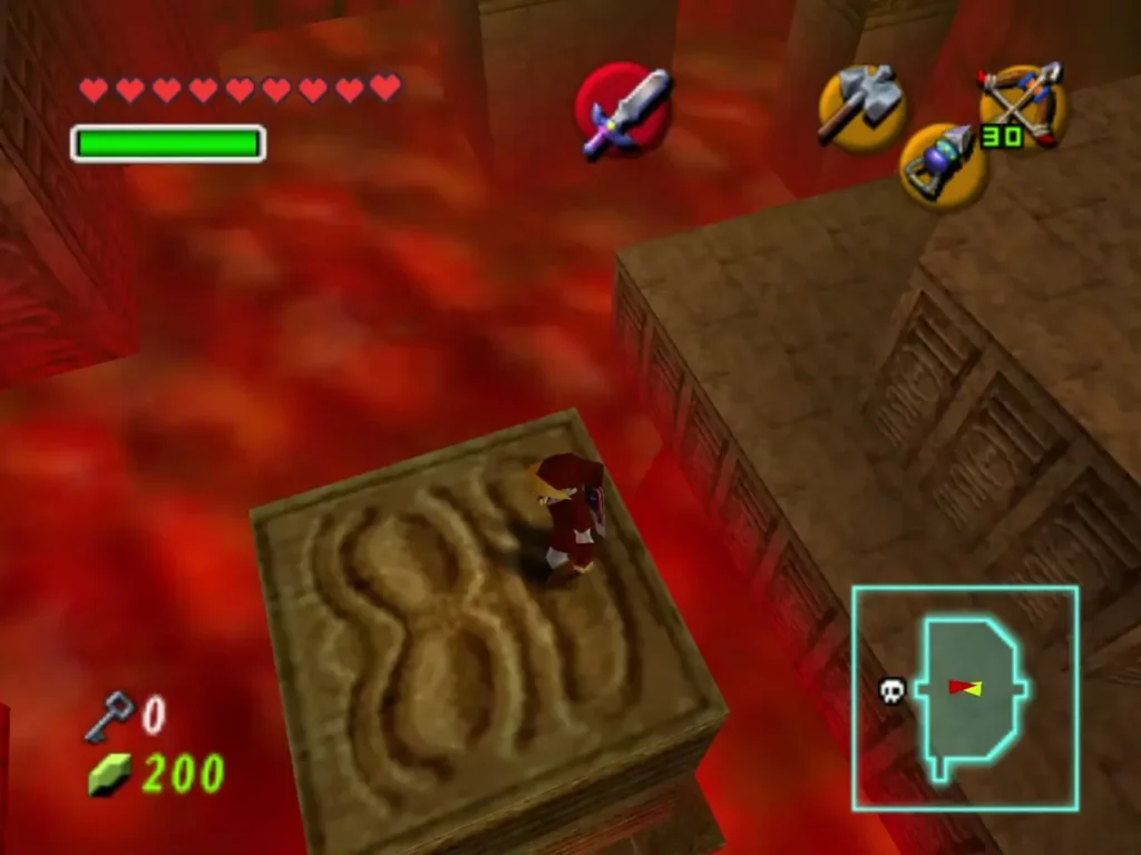 Link standing on a carved stone block surrounded by red lava