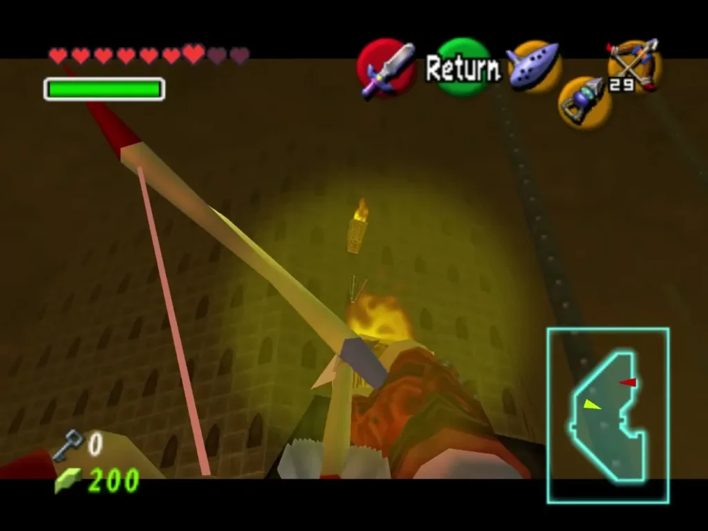 An arrow flying through the flame of a torch near the ceiling