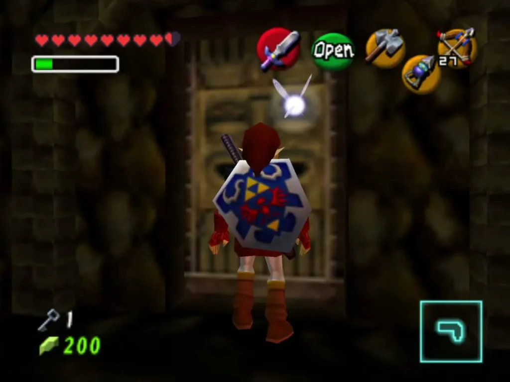 Link stands at a stone door with the Open prompt showing