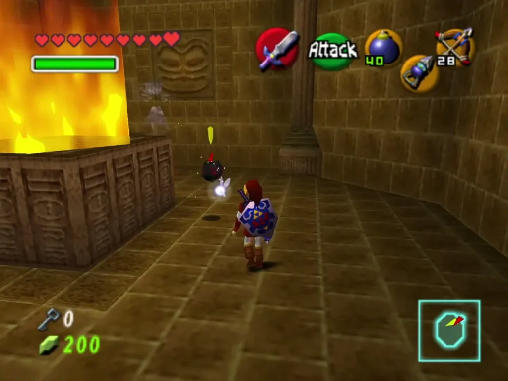 Link beside a bomb in the room where fire burns behind a carved stone block