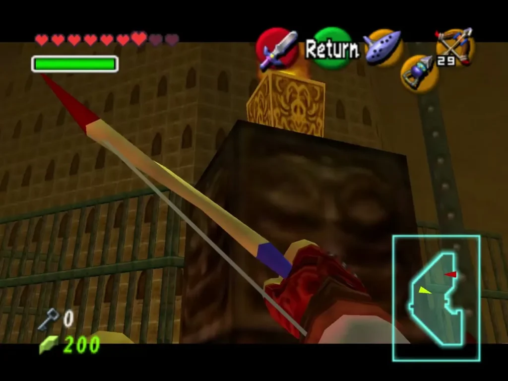 Link drawing the Fairy Bow toward an unlit torch near the ceiling