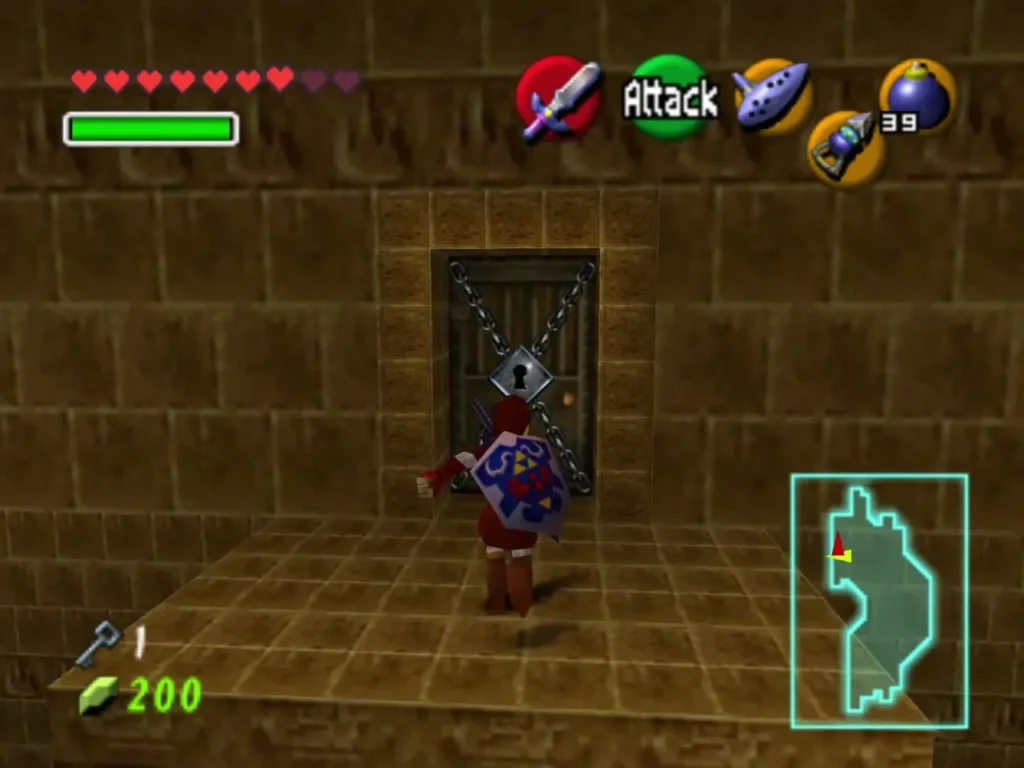 Link standing before a chained wooden door with a keyhole in the stone hall
