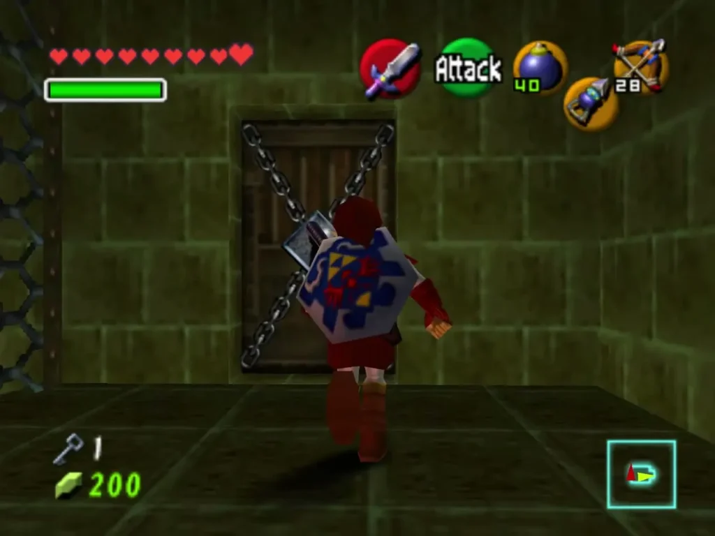 Link facing a chained wooden door in the green-tiled room