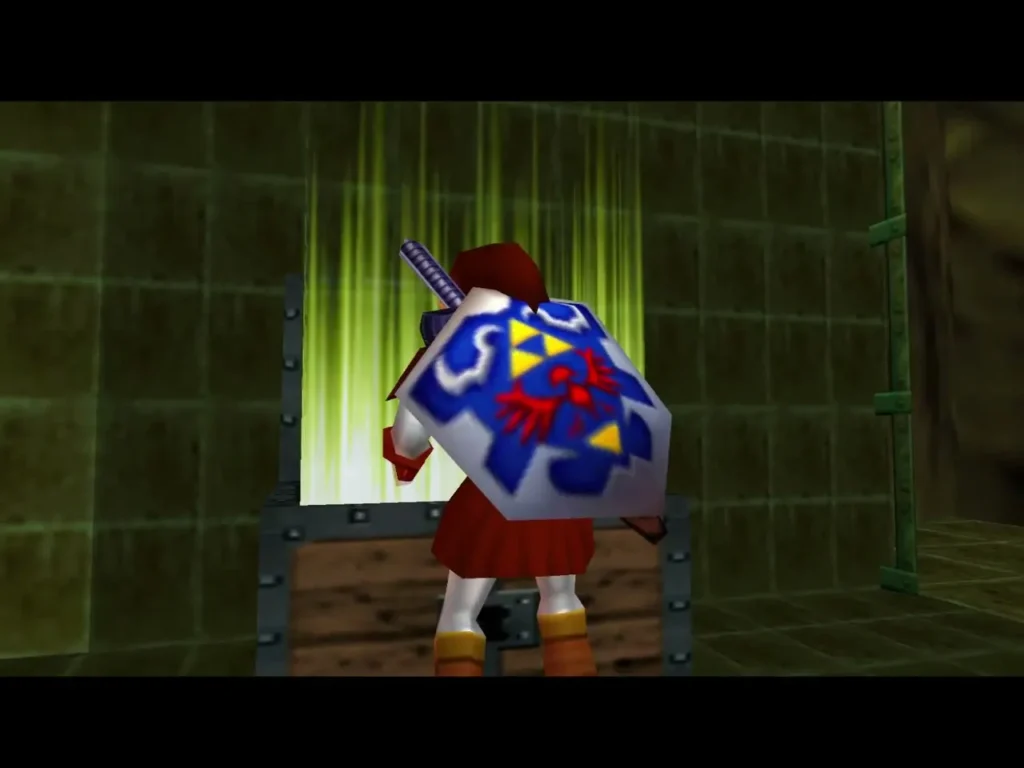 Link raises his shield in front of a chest with light streaming out
