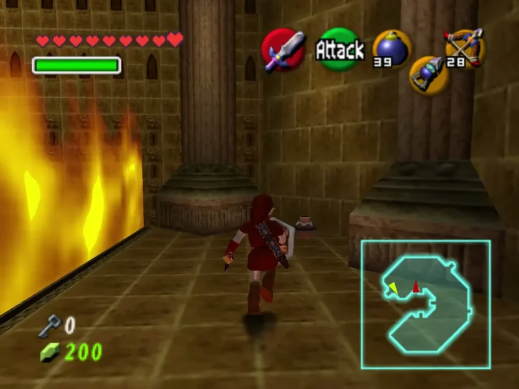 Link walking the fire corridor past a wall of flames