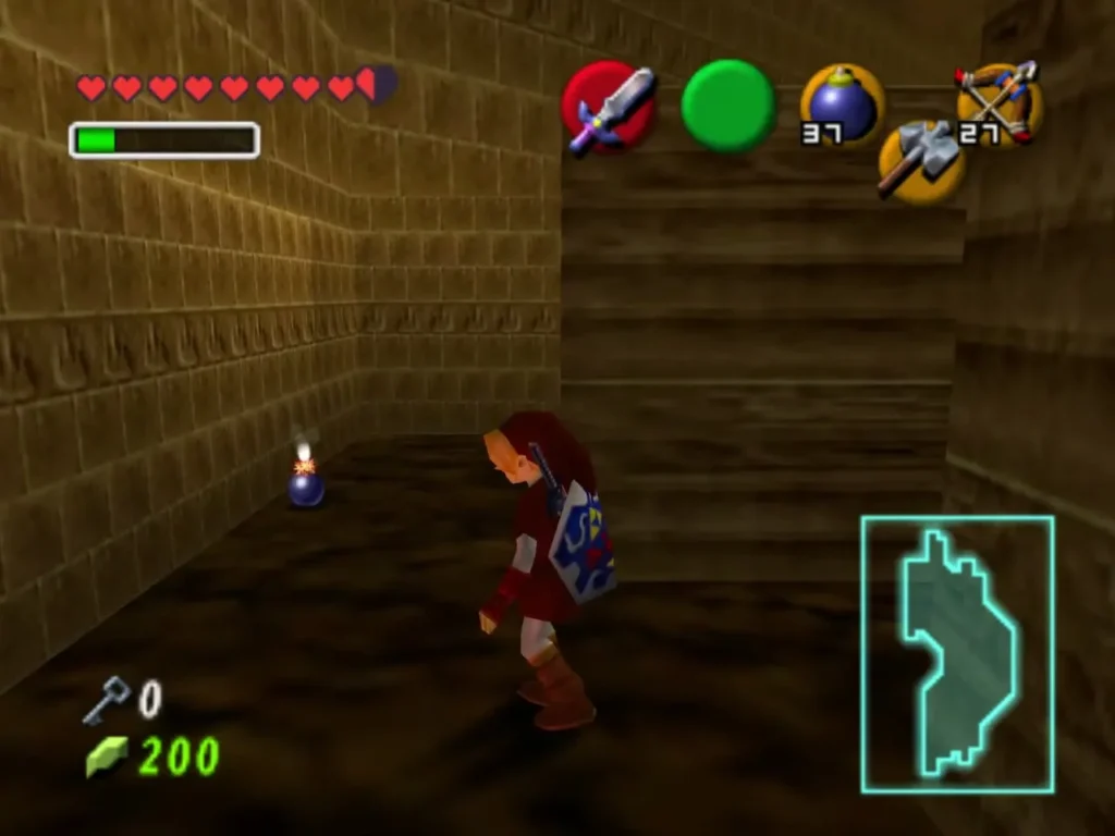 Link walks the brick corridor, a torch burning on the floor ahead