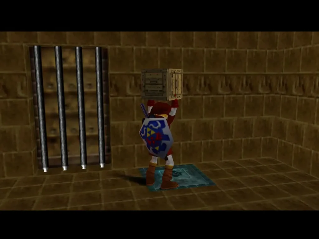 Link holding a small crate overhead beside barred bars on a blue pad