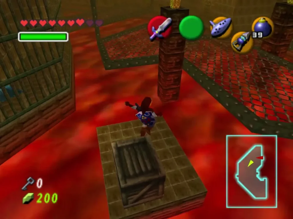 Link standing on a stone platform with a wooden crate, surrounded by lava