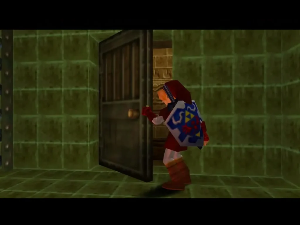 Link stepping through a wooden door in a green-tiled corridor
