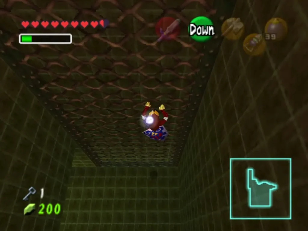 Link dropping down through a mesh floor into the room below