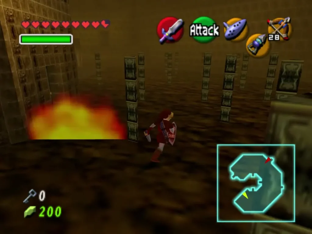 Link running along a corridor past a wall of fire toward the alcove