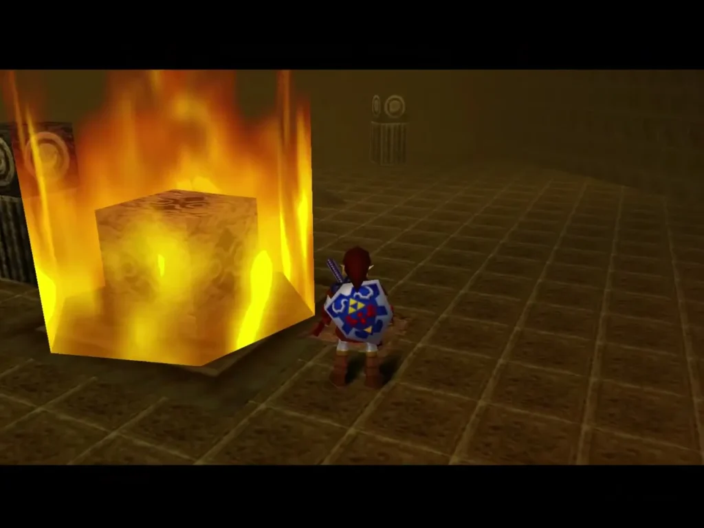 A block wrapped in fire in the spiral chamber, with Link nearby