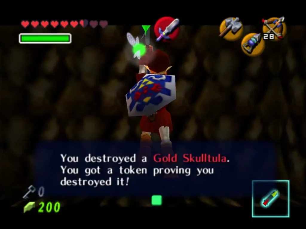 Link holding up a Gold Skulltula token with the message box that names it