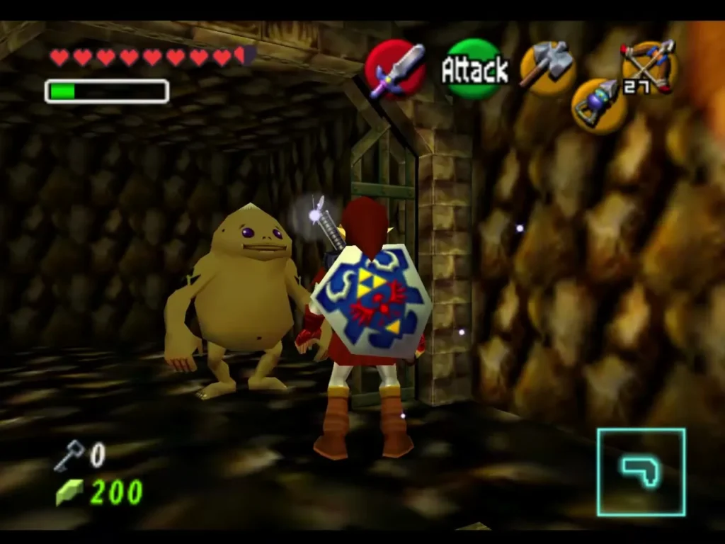 Link standing beside the freed Goron in a stone chamber