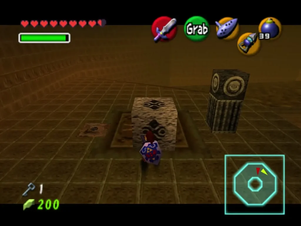 Link facing a sandstone block in the spiral room, the Grab prompt showing