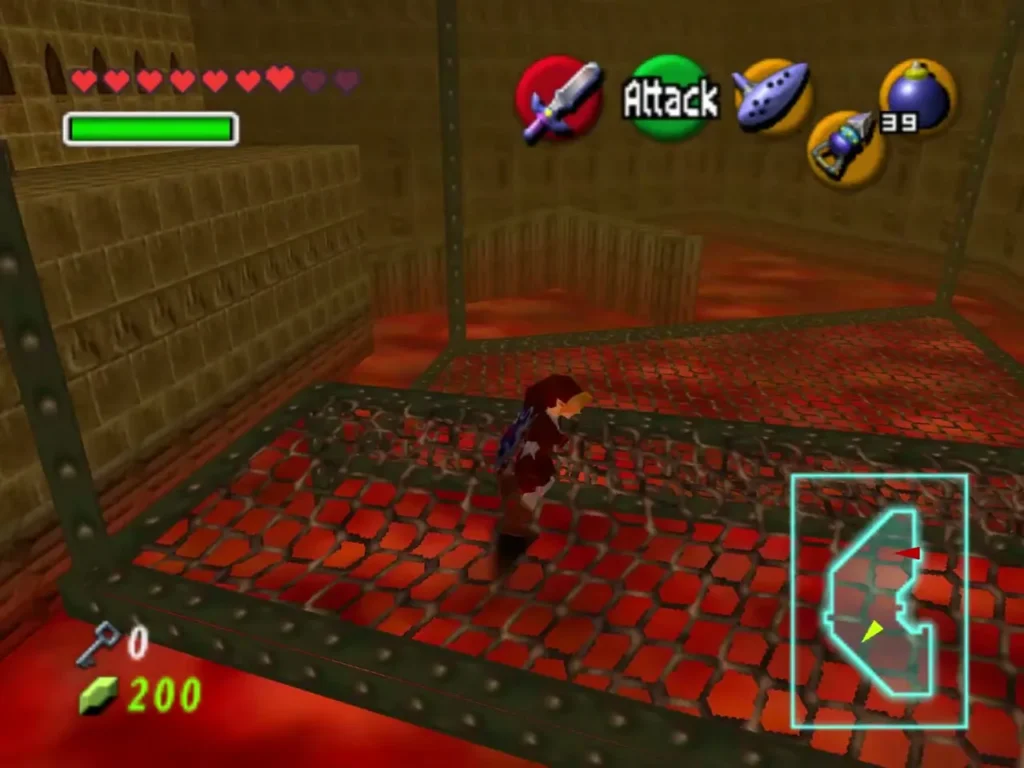 Link crossing a metal grate walkway above the red lava