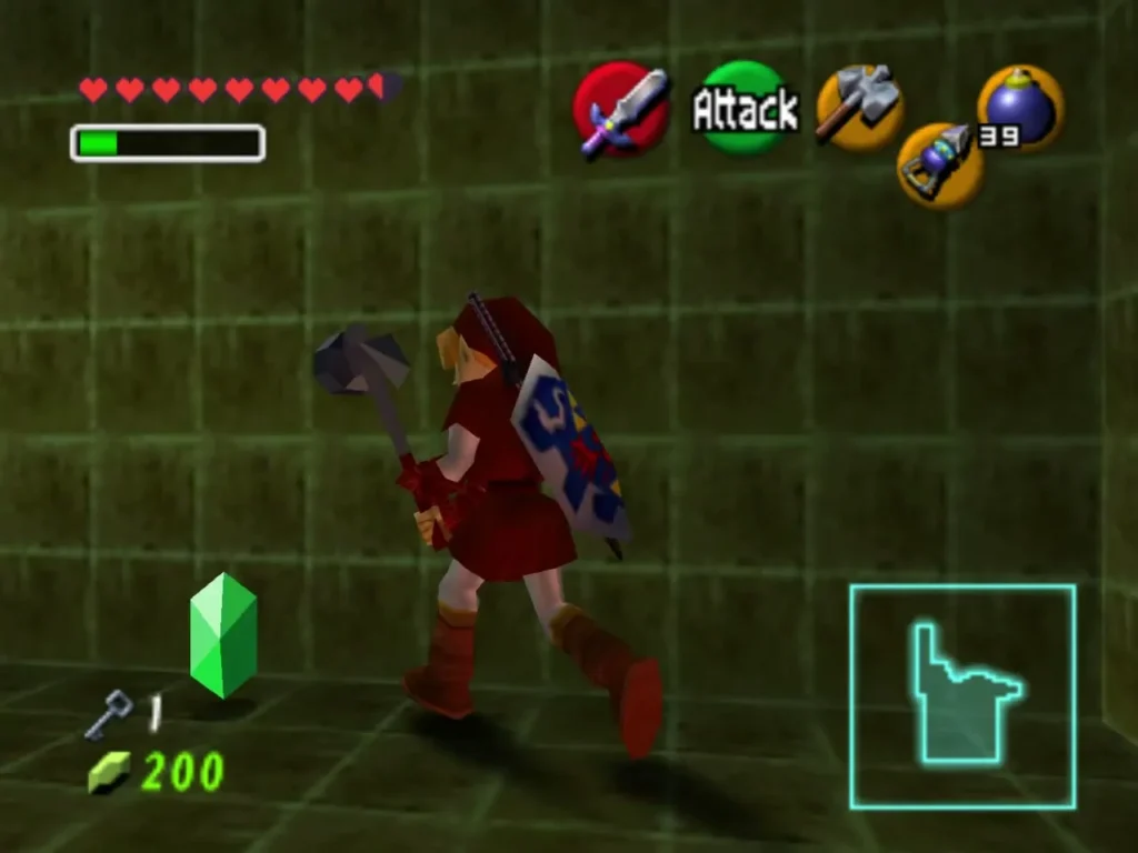 Link carrying the Megaton Hammer past a green rupee in the maze