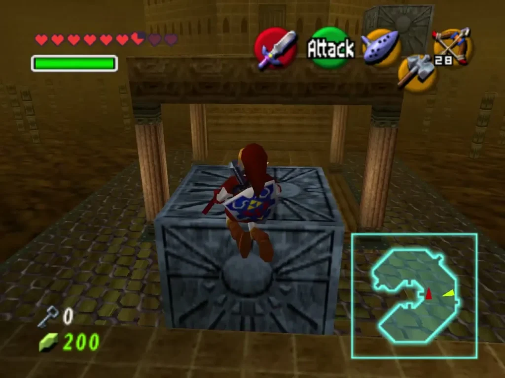 Link standing on a stone block in front of a pillared alcove