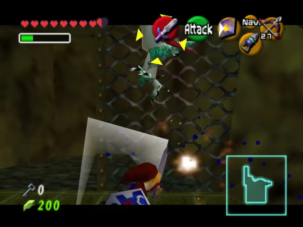 Link facing a Lizalfos that has dropped beside a chain-link grate