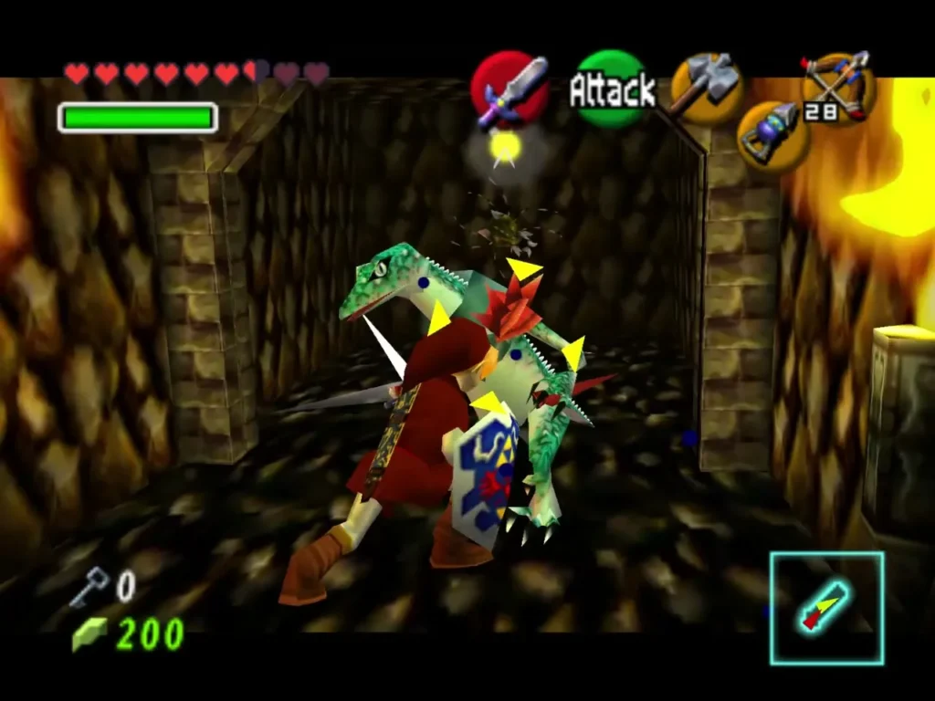 Link fighting a Lizalfos in the torch-lit tunnel