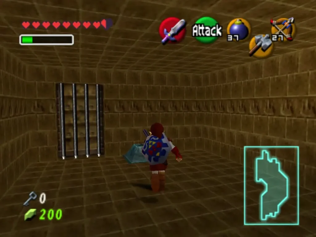 Link standing beside a barred gate in a brick corridor