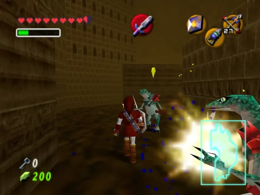 Link fighting Lizalfos in the brick maze of the Master Quest Fire Temple