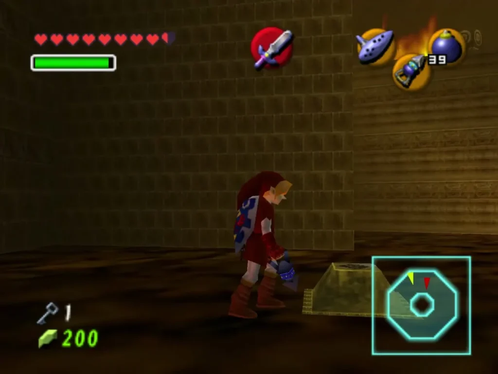 Link beside a stone pedestal near the flames of the spiral chamber