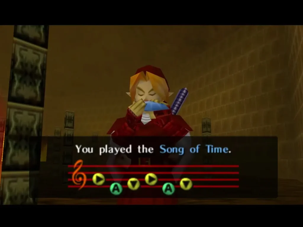 Link playing the Song of Time in the fire corridor, with the confirmation message shown