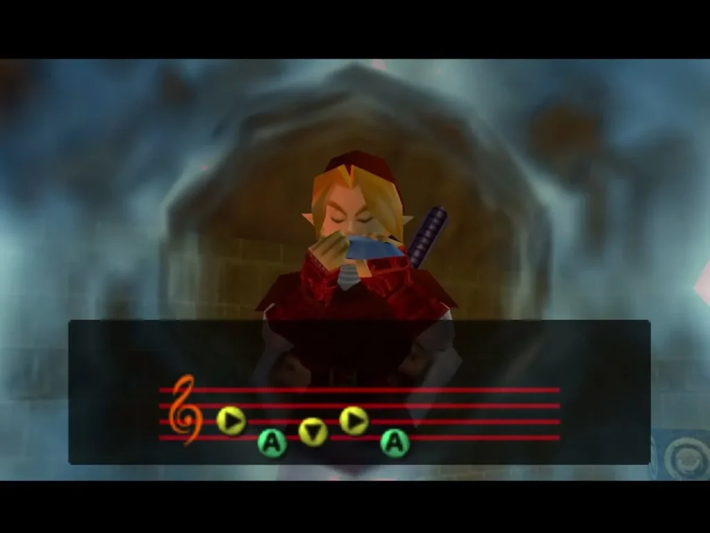 Link playing the Song of Time on the ocarina in a blue-tinted vision