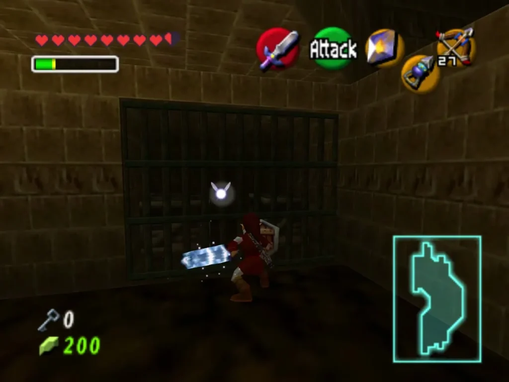 Link spin-attacking the bars of a cage in the brick maze