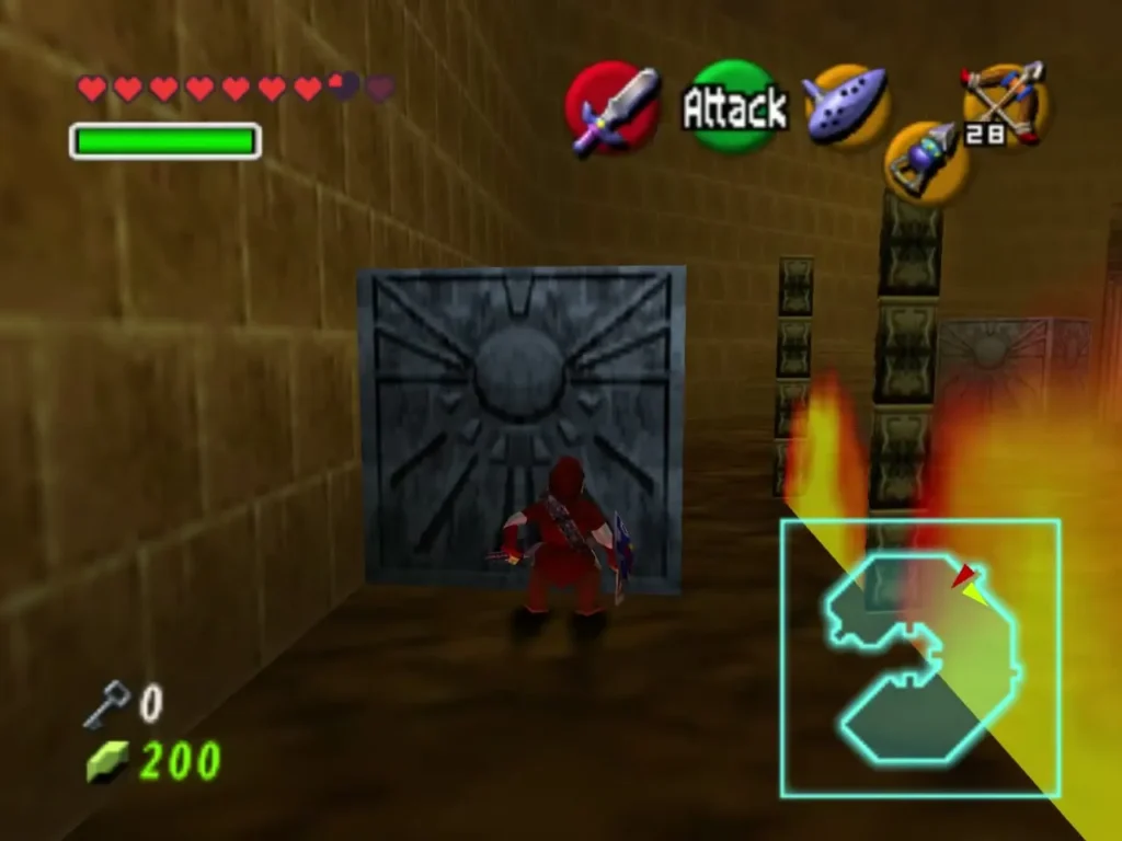 Link beside a sun-carved stone block with flames burning behind him