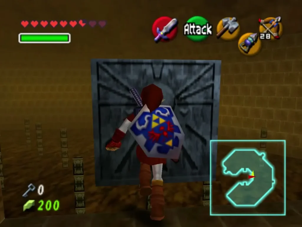 Link standing before a grey stone time block in the corridor