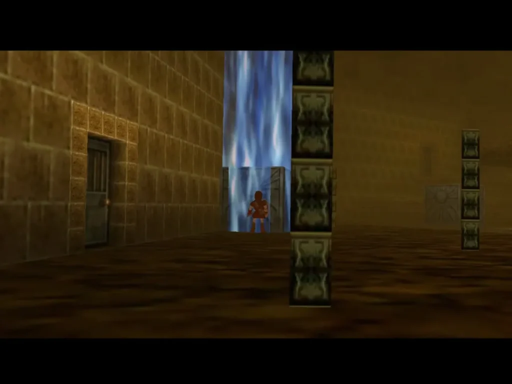 A blue time block rising in the corridor, with a door on the left wall
