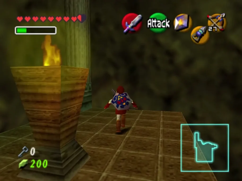 Link standing near a stone pillar where the torch is now burning