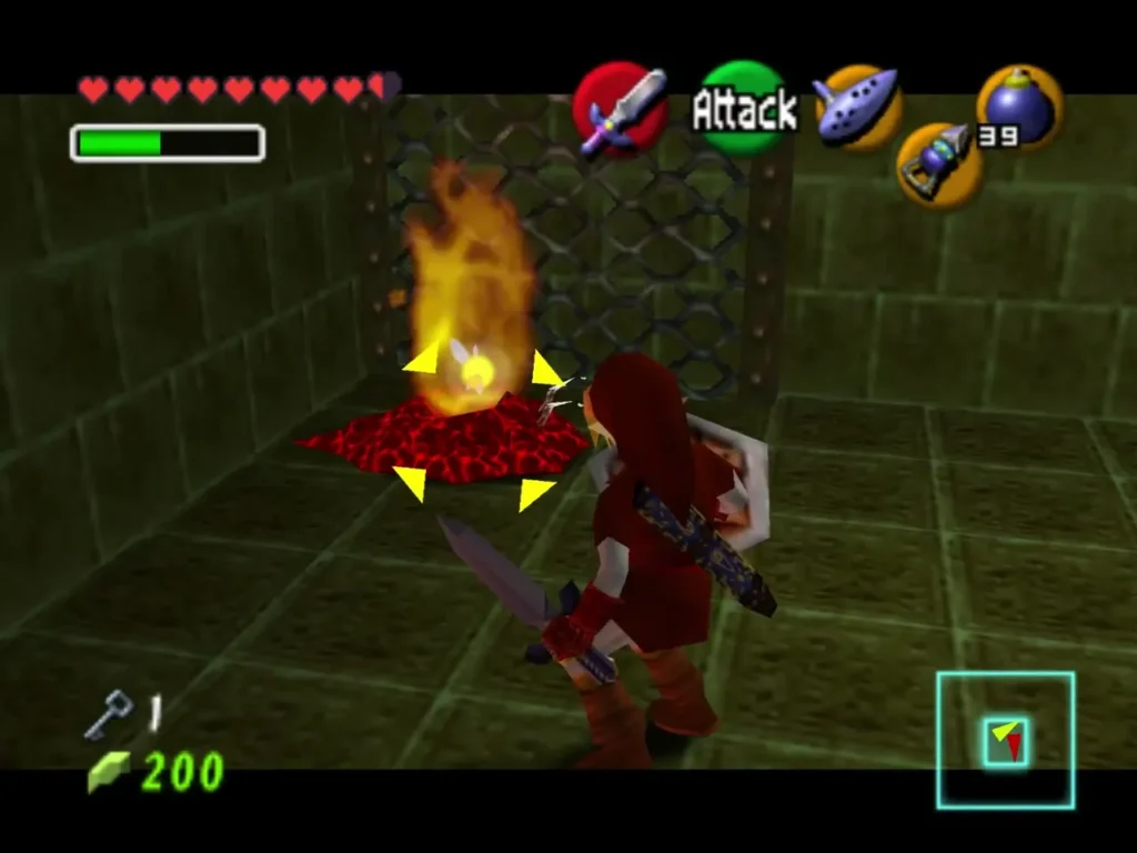 Link slashing a Torch Slug while it burns on a red floor patch