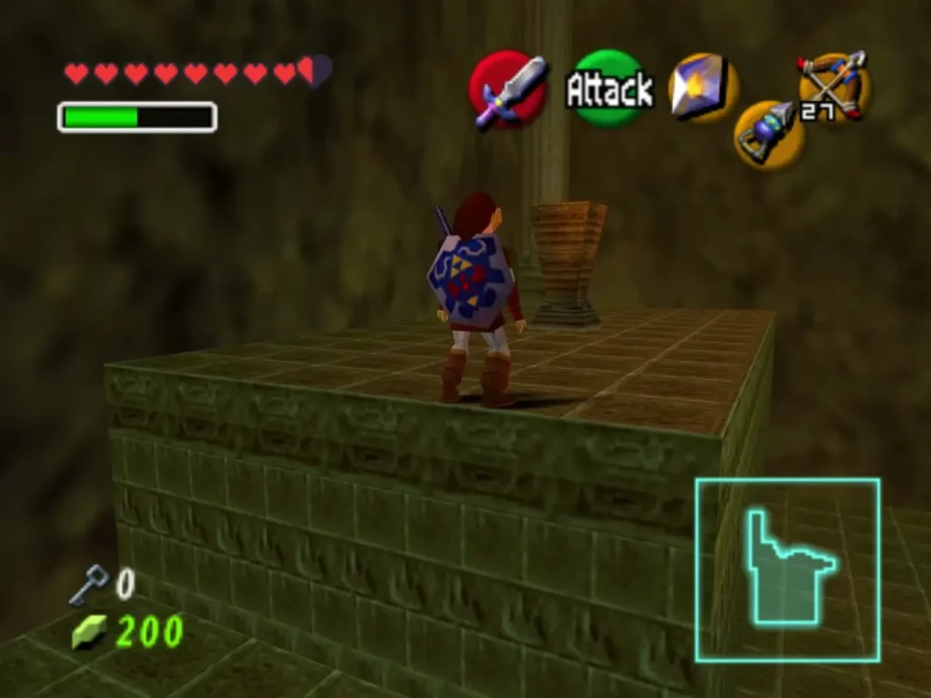 Link standing beside the unlit goblet-shaped torch on a stone ledge