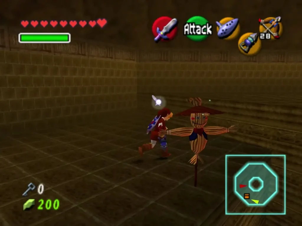 Link standing beside the scarecrow Pierre in a stone room