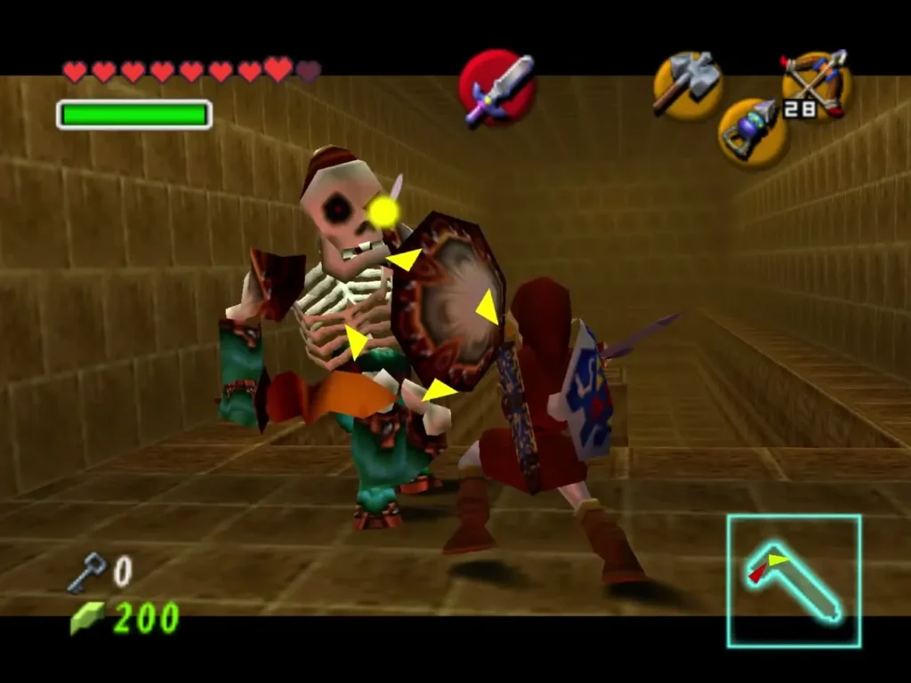 Link with a shield fighting a Stalfos in a sandstone room