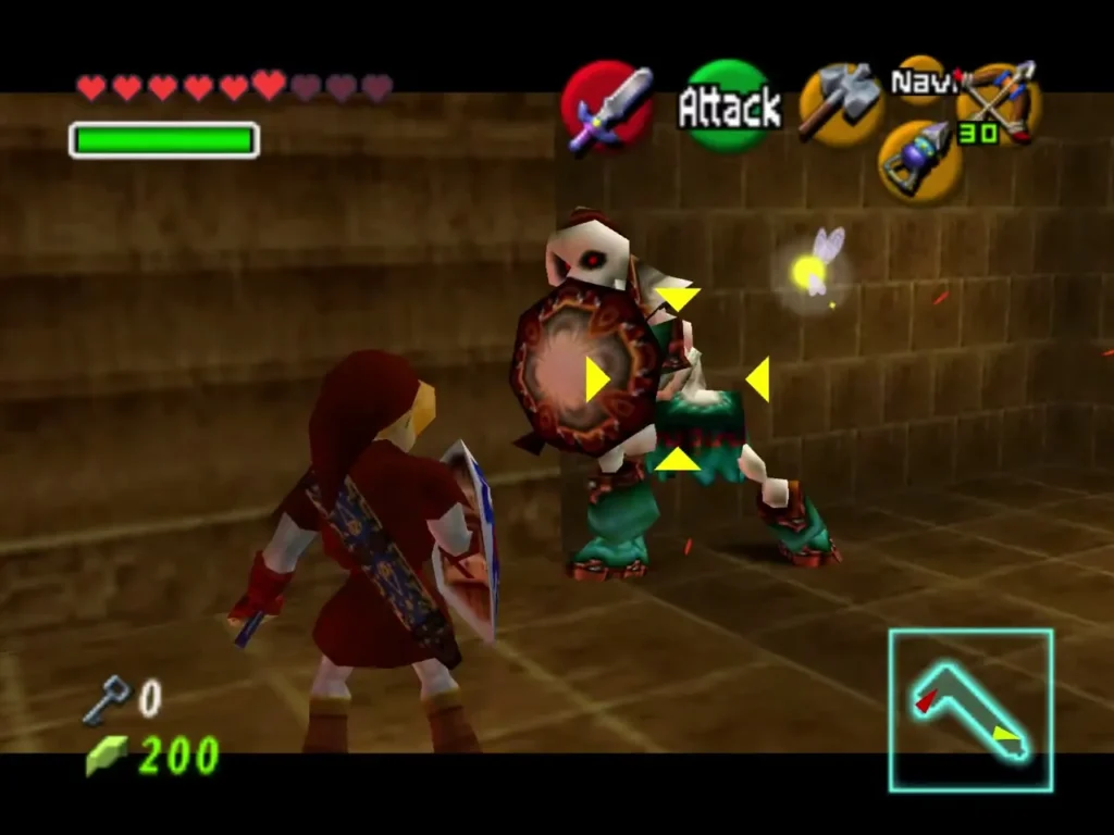 Link facing a second Stalfos with a shield while a Navi sprite hovers nearby