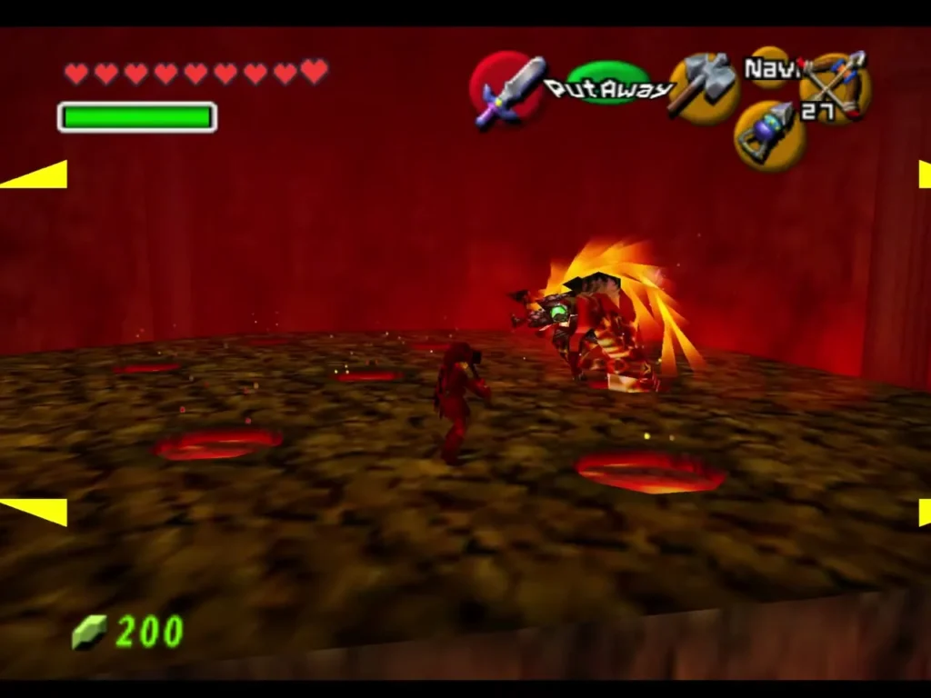 Volvagia lunging out of a lava hole on the arena while Link stands nearby