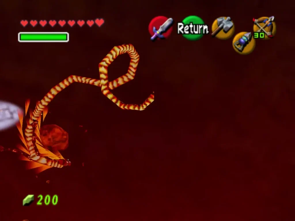Volvagia coiled through a red sky with a burning rock tumbling beside him