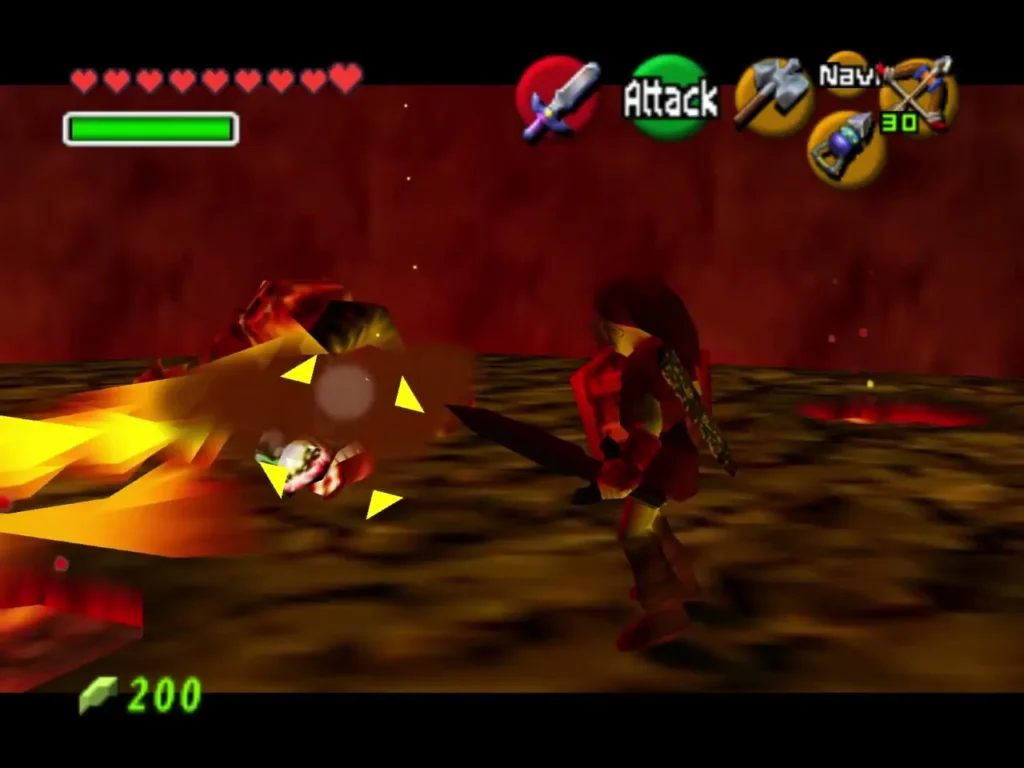 Link beside Volvagia head as it jolts under a sword hit near the lava edge