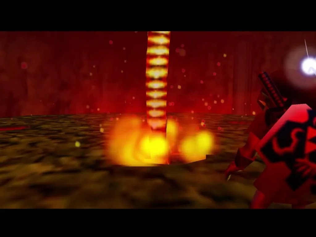 Volvagia rising out of a hole in the lava arena beside Link