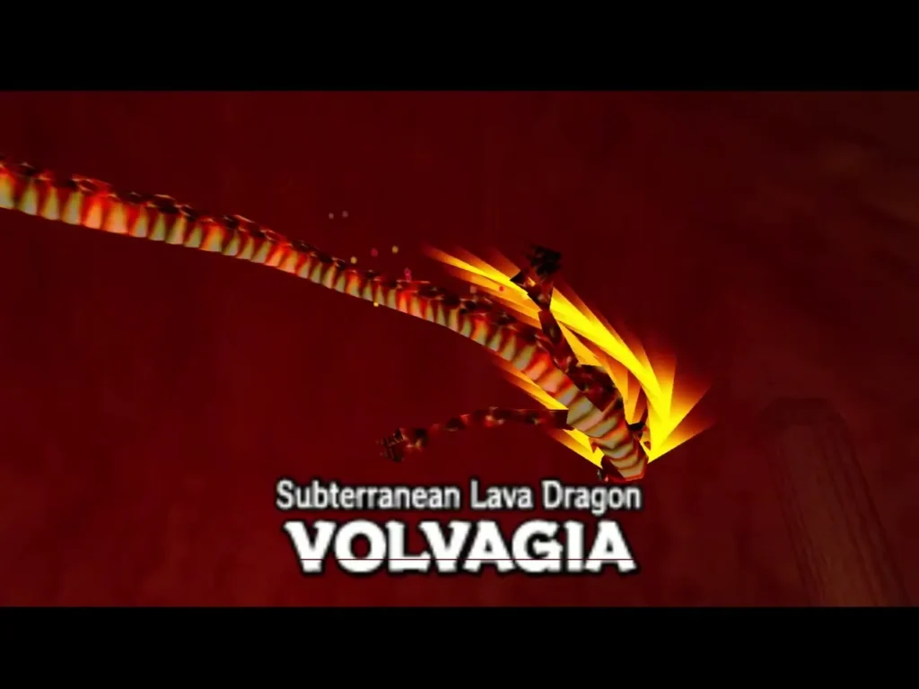 Volvagia title card over the boss dragon swooping through a red chamber