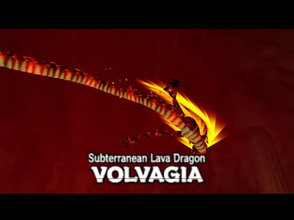 Volvagia title card over the boss dragon swooping through a red chamber