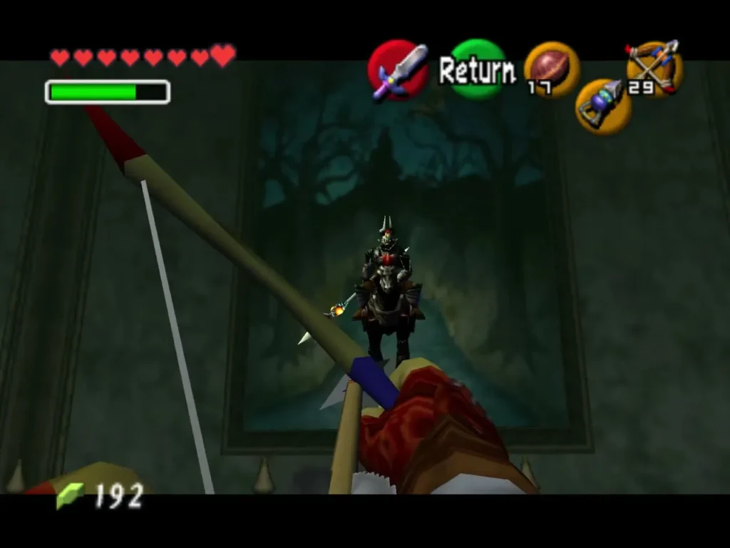 Link aiming the Fairy Bow at Phantom Ganon on his horse